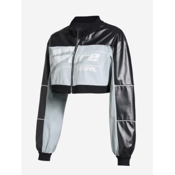 Women's Streetwear Letter Colorblock Zip Up PU Leather Crop Biker Motorcycle Racer Racing Jacket L Black