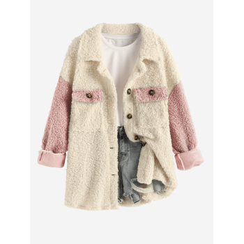 Women's Daily Colorblock Two Tone Cargo Pockets Single Breasted Fluffy Fuzzy Textured Loose Teddy Jacket L Light pink