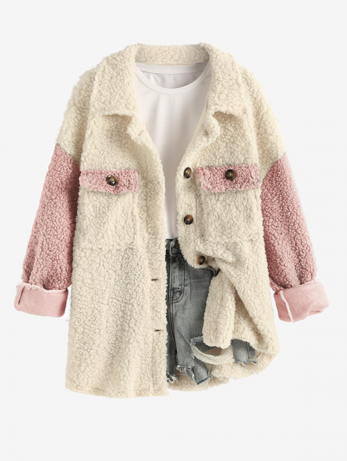 Women's Daily Colorblock Two Tone Cargo Pockets Single Breasted Fluffy Fuzzy Textured Loose Teddy Jacket L Light pink