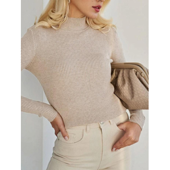 Women Women's Daily Basic Solid Color Ribbed Knit Mock Neck Pullover Layering Slim Sweater Light coffee