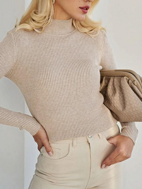 Women Women's Daily Basic Solid Color Ribbed Knit Mock Neck Pullover Layering Slim Sweater Light coffee