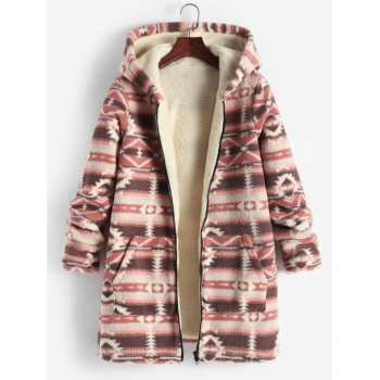 Women's Ethnic Style Tribal Geo Aztec Printed Fluffy Fuzzy Warm Thermal Fleece Lined Pockets Hooded Zip Up Longline Teddy Coat L