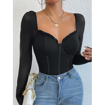 Women Bodysuits Women's Sexy Sheer See Through Mesh Long Sleeves Underwire Ruffles Corset Style High Leg Bodysuit M Black