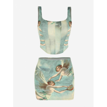 Matching Two Piece Dress Abstract Angel Printed Renaissance Boning Tank Top and Skirt Set M Light blue