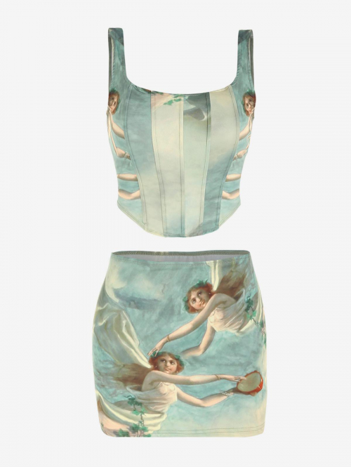 Matching Two Piece Dress Abstract Angel Printed Renaissance Boning Tank Top and Skirt Set M Light blue