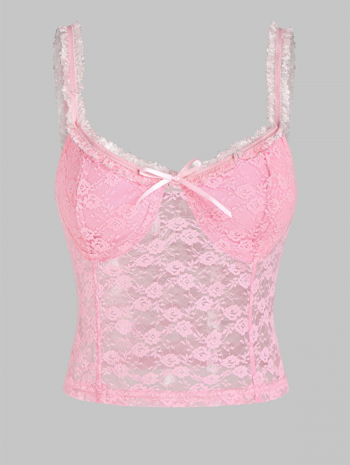 Women Tank Tops Frilled Straps Sheer Lace Bow Bustier Lingerie Style Tank Top S Light pink