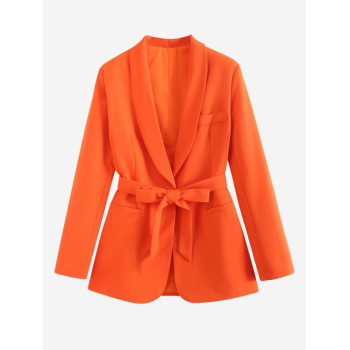 Women Blazers Women's Fashion Office Shawl Collar Belted One Button Pocket Shoulder Padded Solid Color Blazer L Dark orange