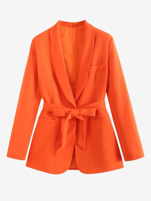 Women Blazers Women's Fashion Office Shawl Collar Belted One Button Pocket Shoulder Padded Solid Color Blazer L Dark orange