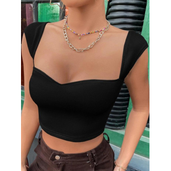 Fashion Women Tees Sweetheart Neck Cap Sleeves T Shirt Ribbed Solid Color Crop Tank Top S Black