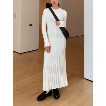 Casual Women's Daily Solid Color Ribbed Knit Crew Neck Flare Sleeve Tie Waist Maxi Sweater Dress S White