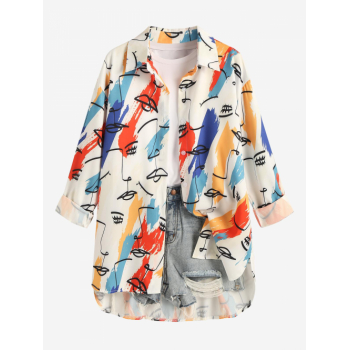 Women's Fashion Daily Face Brush Stroke Print Drop Shoulder Button Up High Low Longline Shirt S White