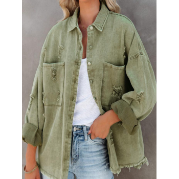 Women's Daily Vintage Streetwear Frayed Destroyed Ripped Distressed Pockets Loose Button Up Colored Denim Shirt Jacket Shacket L Light green