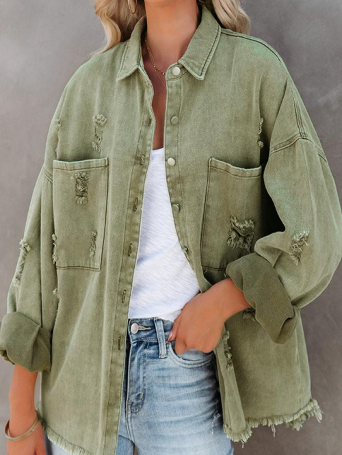 Women's Daily Vintage Streetwear Frayed Destroyed Ripped Distressed Pockets Loose Button Up Colored Denim Shirt Jacket Shacket S Light green