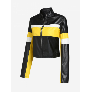 Women's Daily Streetwear Zip Up Colorblock PU Faux Leather Biker Motorcycle Racer Racing Jacket L Yellow