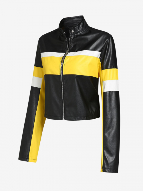 Women's Daily Streetwear Zip Up Colorblock PU Faux Leather Biker Motorcycle Racer Racing Jacket L Yellow