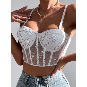 Women Tank Tops Women's Sexy Mesh See Thru Sequined Underwire Padded Boned Detail Crop Bustier Corset Style Camisole S White