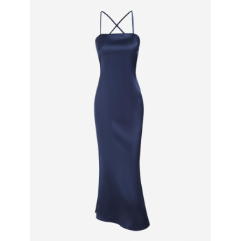 Bodycon Dress Women's Sexy Elegant Solid Color Silky Satin Tied Criss Cross Open Back Spaghetti Strap Cami Slip Prom Party Mermaid Dress S Deep blue