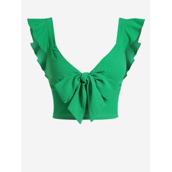 Women Tank Tops ZAFUL V Neck Solid Flutter Ruffled Sleeve Tie Front Tank Top L Green