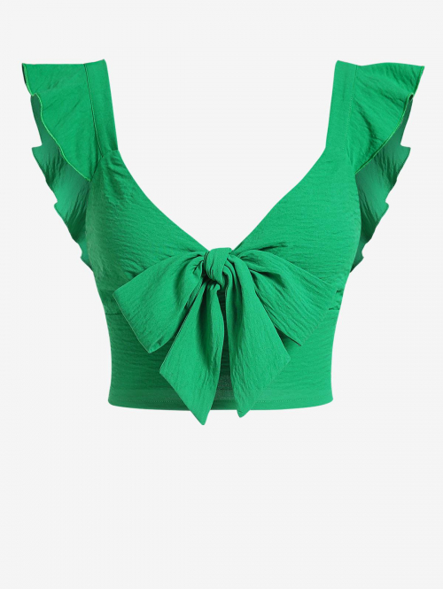 Women Tank Tops ZAFUL V Neck Solid Flutter Ruffled Sleeve Tie Front Tank Top L Green