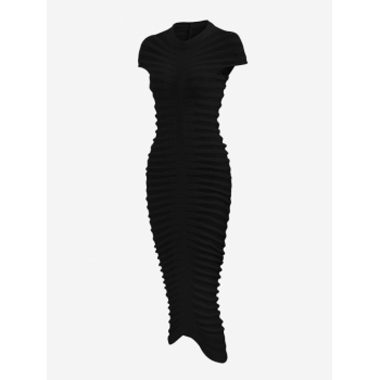 Bodycon Dress Women's Sexy Knitted See Thru Mock Neck Cap Sleeve Solid Color Midi Bodycon Dress L Black