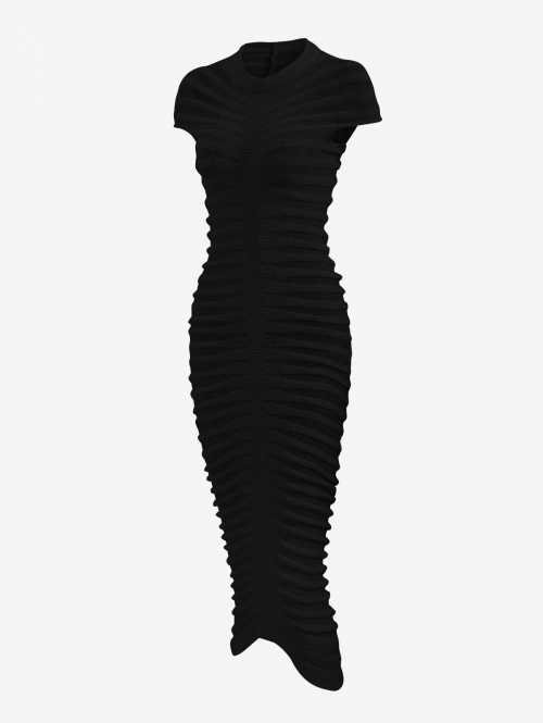 Bodycon Dress Women's Sexy Knitted See Thru Mock Neck Cap Sleeve Solid Color Midi Bodycon Dress L Black