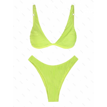 ZAFUL Women's Sexy Solid Color Two Piece Swimwear Textured Triangle Plunging Neck High Cut Cheeky Bikini Set S Green