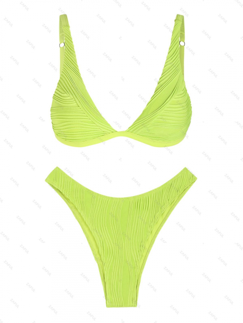 ZAFUL Women's Sexy Solid Color Two Piece Swimwear Textured Triangle Plunging Neck High Cut Cheeky Bikini Set S Green