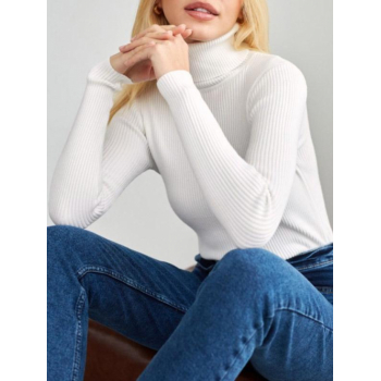 Women Women's Daily Basic Solid Color Ribbed Knit Turtleneck Pullover Layering Slim Sweater White