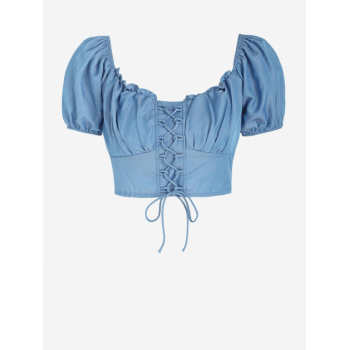 Women Blouses Puff Sleeve Lace Up Smocked Chambray Crop Blouse S Light blue