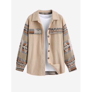 ZAFUL Women's Daily Ethnic Aztec Jacquard Drop Shoulder Turn Down Collar Flap Detail Button Up Shacket L Light coffee