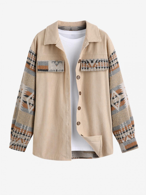 ZAFUL Women's Daily Ethnic Aztec Jacquard Drop Shoulder Turn Down Collar Flap Detail Button Up Shacket L Light coffee