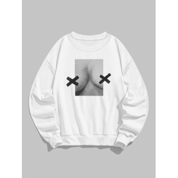 Women Hoodies Women's Casual Abstract Cross Graphic Printed Front Crew Neck Long Sleeve Drop Shoulder Loose Pullover Sweatshirt S White