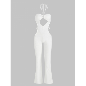 Women Jumpsuit Women's Sexy Date Night Out Club Solid Color Ribbed Cut Out Open Back Tied Slim Halter Boot Cut Jumpsuit M White