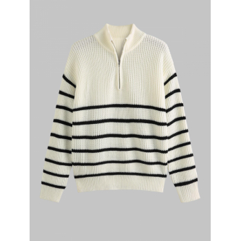 Women ZAFUL Women's Daily Casual Striped Drop Shoulder Zip Placket Stand Collar Pullover Jumper Sweater L White