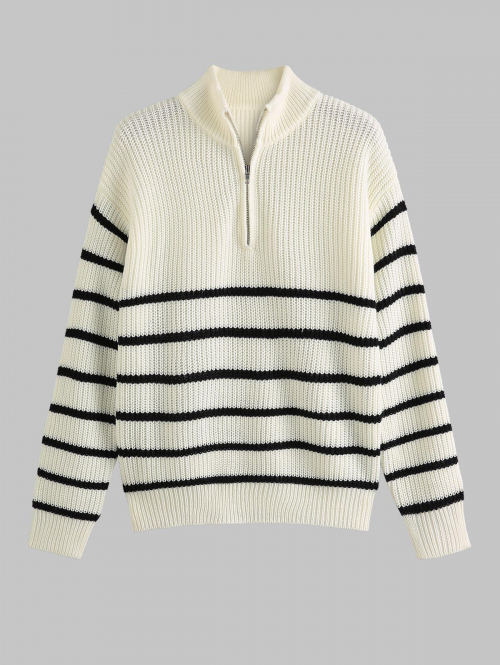 Women ZAFUL Women's Daily Casual Striped Drop Shoulder Zip Placket Stand Collar Pullover Jumper Sweater L White