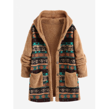 ZAFUL Women's Ethnic Style Dual Pocket Button Up Hooded Tribal Geo Aztec Printed Fluffy Fuzzy Faux Fur Textured Longline Teddy Coat L