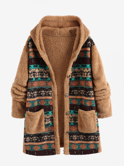 ZAFUL Women's Ethnic Style Dual Pocket Button Up Hooded Tribal Geo Aztec Printed Fluffy Fuzzy Faux Fur Textured Longline Teddy Coat L