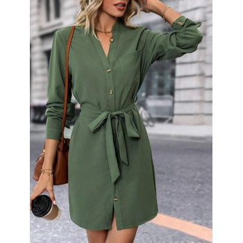 Mini Dress Women's Daily Solid Color Self Tied Belted Button Up Long Sleeve Mini Shirt Dress L Green