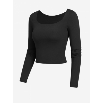 Fashion Women Tees Women's Daily Basic Solid Color Square Neck Long Sleeve Slim Crop Layering Tee S Black