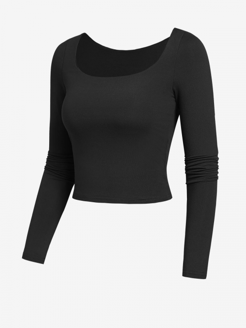 Fashion Women Tees Women's Daily Basic Solid Color Square Neck Long Sleeve Slim Crop Layering Tee S Black