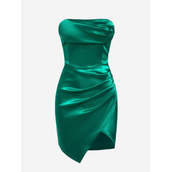 Mini Dress ZAFUL Women's Sexy Party Solid Color Satin Ruched Slit Bandeau Strapless Mini Asymmetric Corset Style Dress M Deep green