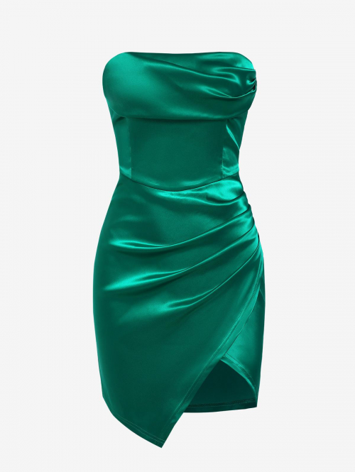 Mini Dress ZAFUL Women's Sexy Party Solid Color Satin Ruched Slit Bandeau Strapless Mini Asymmetric Corset Style Dress M Deep green