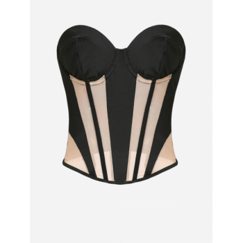 Women Tank Tops Women's Sexy Colorblock Two Tone See Thru Contrast Mesh Insert Underwire Boned Detail Bandeau Strapless Slim Bustier Corset Style Top