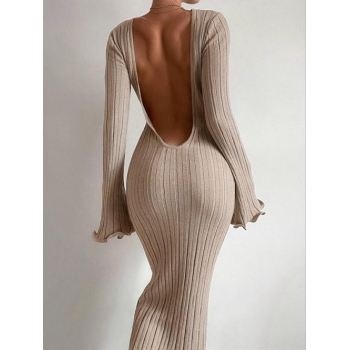 Bodycon Dress Women's Sexy Daily Date Night Solid Color Ribbed Knit Lettuce Edge Crew Neck Flare Sleeve Backless Maxi Sweater Dress L Coffee