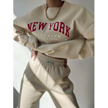 Women's Matching Co Ord Sweatsuit Daily Lounge Crew Neck Letter NEW YORK BROOKLYN Graphic Printed Thermal Lined Sweatshirt and Beam Feet Pockets Pull