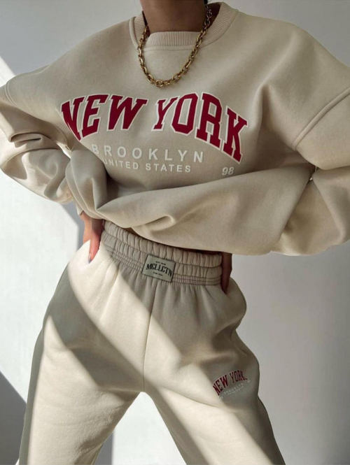 Women's Matching Co Ord Sweatsuit Daily Lounge Crew Neck Letter NEW YORK BROOKLYN Graphic Printed Thermal Lined Sweatshirt and Beam Feet Pockets Pull