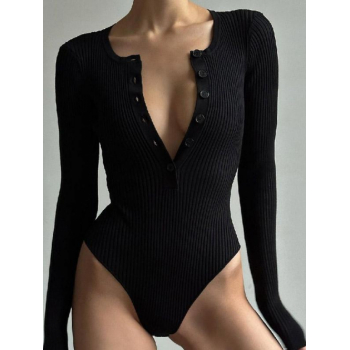 Women Bodysuits Women's Daily Solid Color Ribbed Knit Half Buttoned Crew Neck Long Sleeve Bodysuit L Black