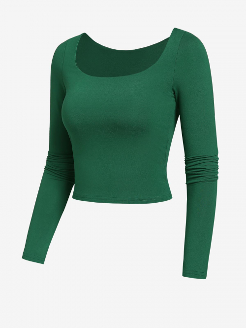 Fashion Women Tees Women's Daily Basic Solid Color Square Neck Long Sleeve Slim Crop Layering Tee L Green