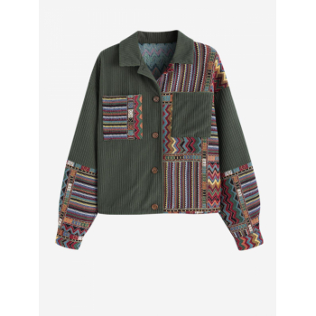 ZAFUL Women's Daily Ethnic Aztec Jacquard Pocket Drop Shoulder Turn Down Collar Button Up Half and Half Jacket L Deep green