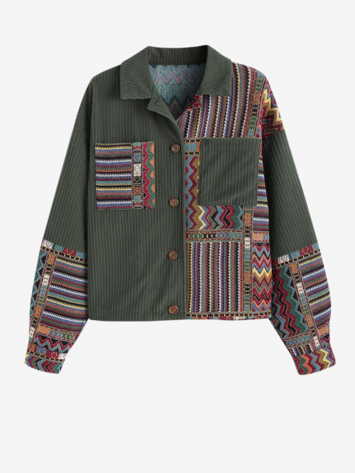 ZAFUL Women's Daily Ethnic Aztec Jacquard Pocket Drop Shoulder Turn Down Collar Button Up Half and Half Jacket L Deep green